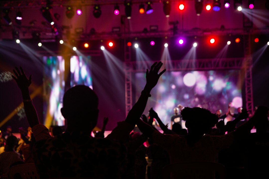 Crowd at a live music concert with colorful stage lights